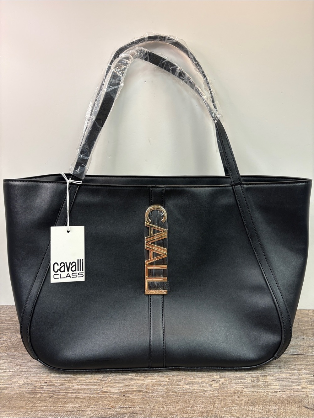 Cavalli Class Sandra Shopper Tote Bag Black Onyx | NWT | Gold Logo